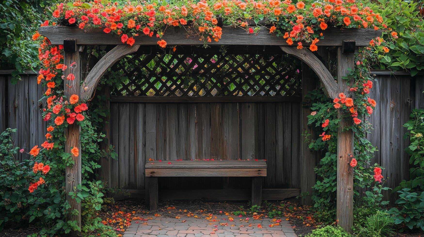 A bench under a wooden arbor with flowers on it photo