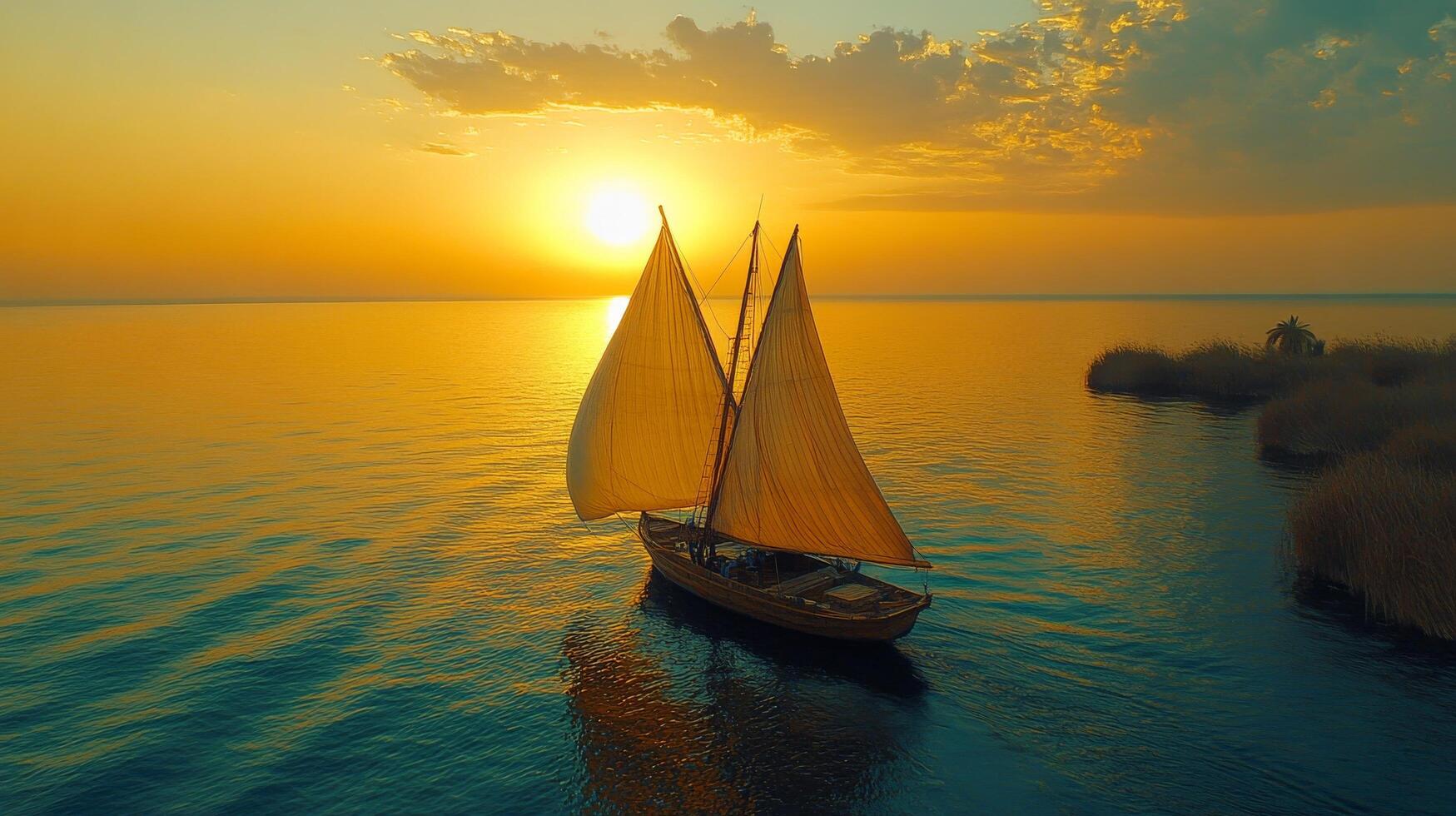 A sailboat floating in the water at sunset photo