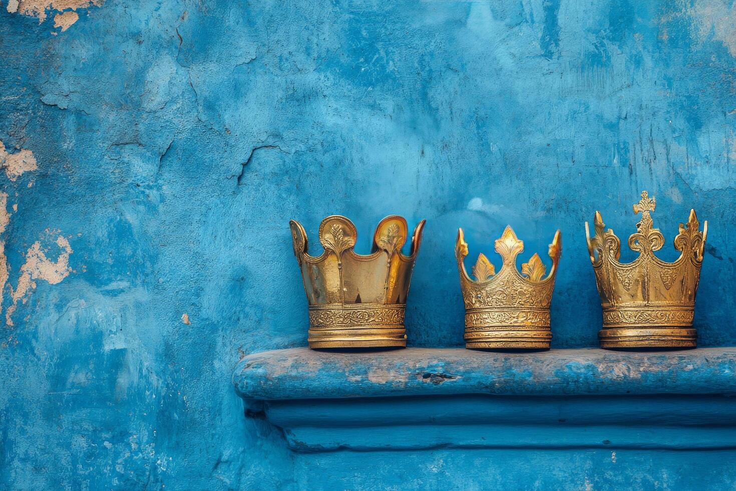 Three golden crowns on a blue wall photo