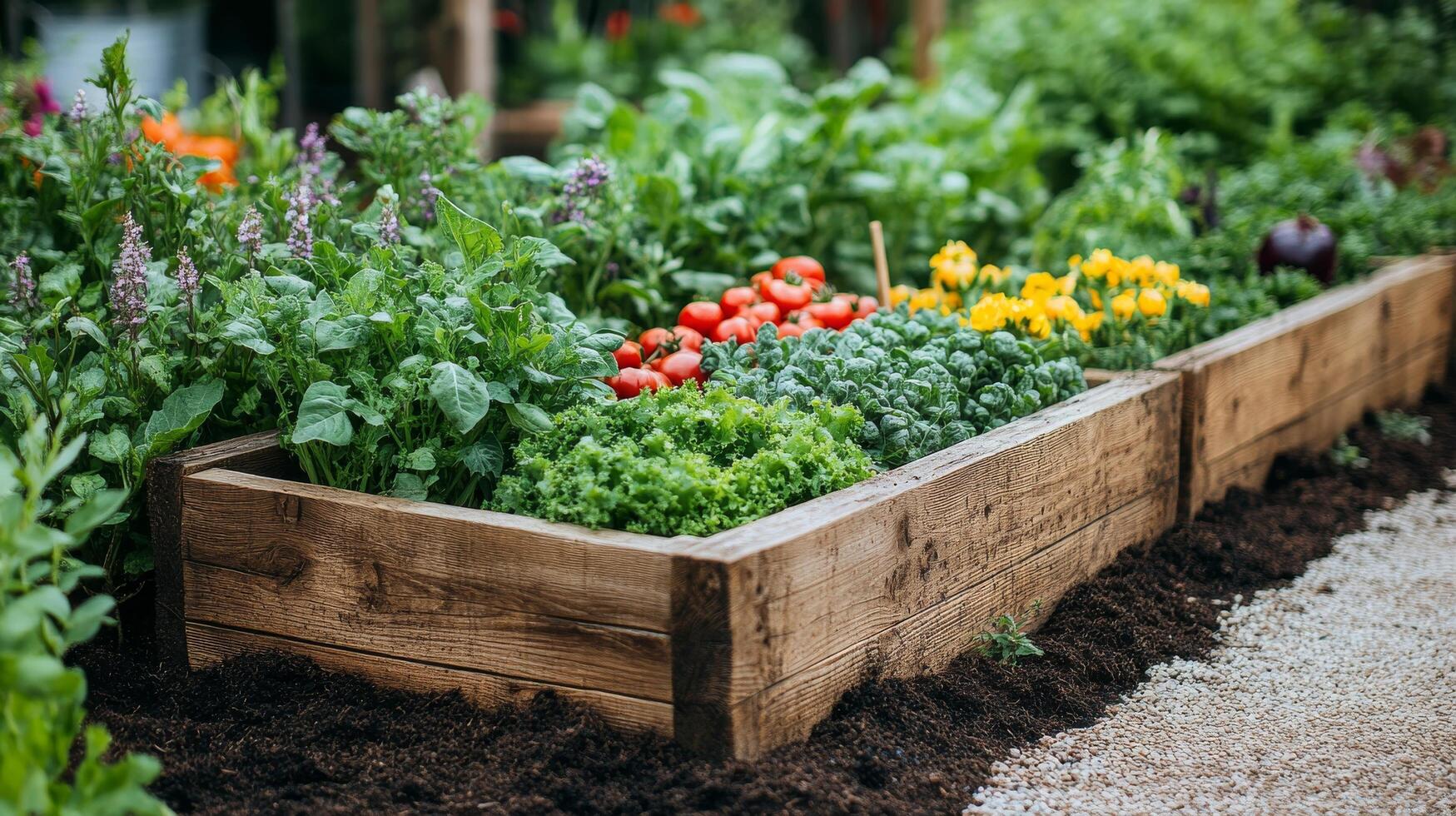 A wooden raised garden bed with vegetables and herbs photo