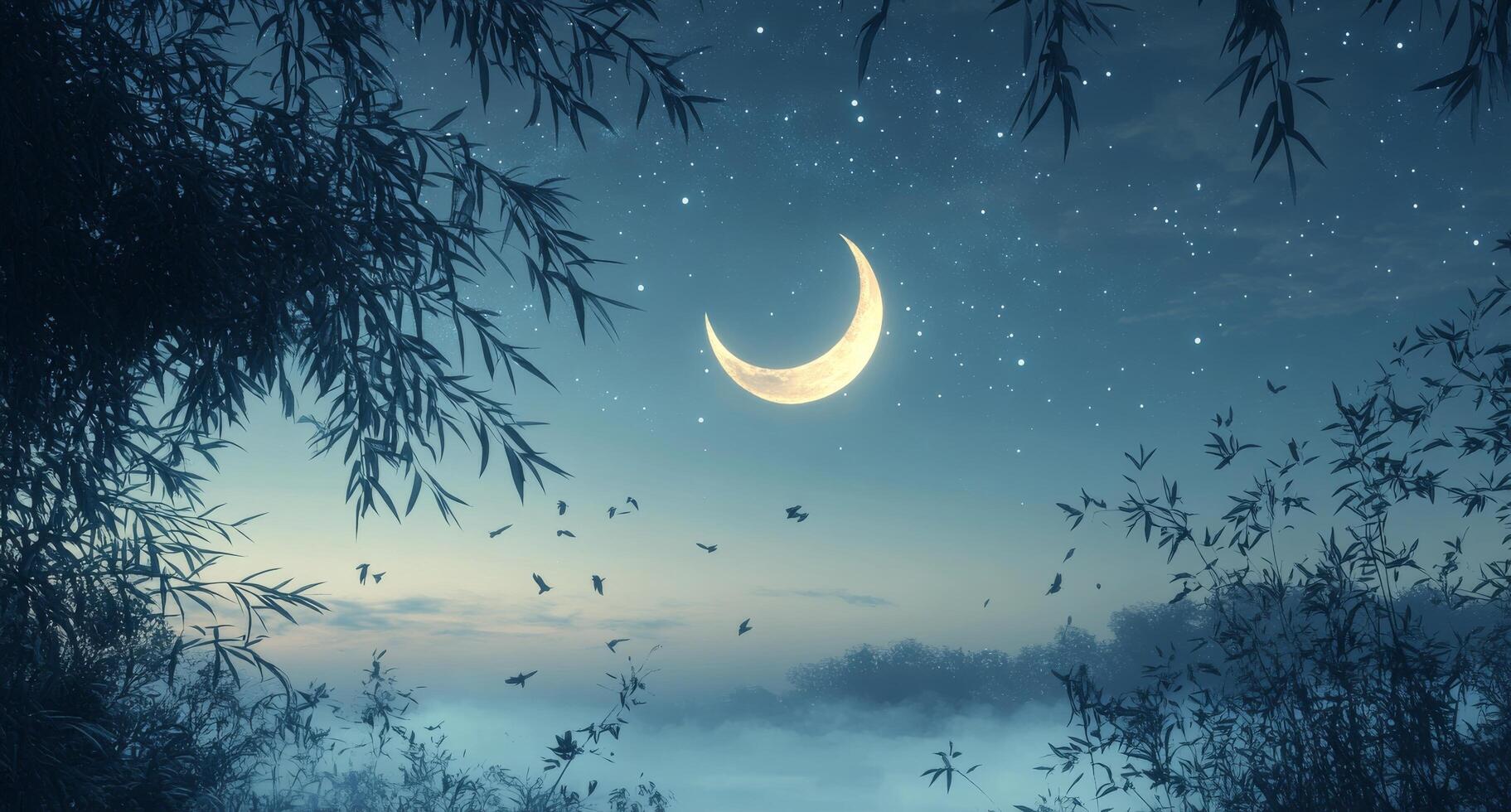 A moon and crescent in the sky over a river photo