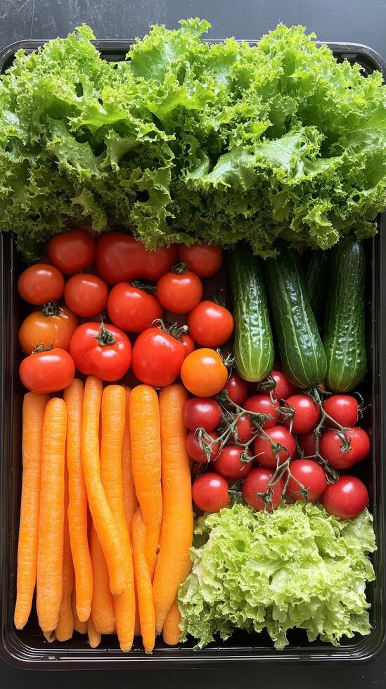 A tray of vegetables including carrots, tomatoes, lettuce and cucumbers photo