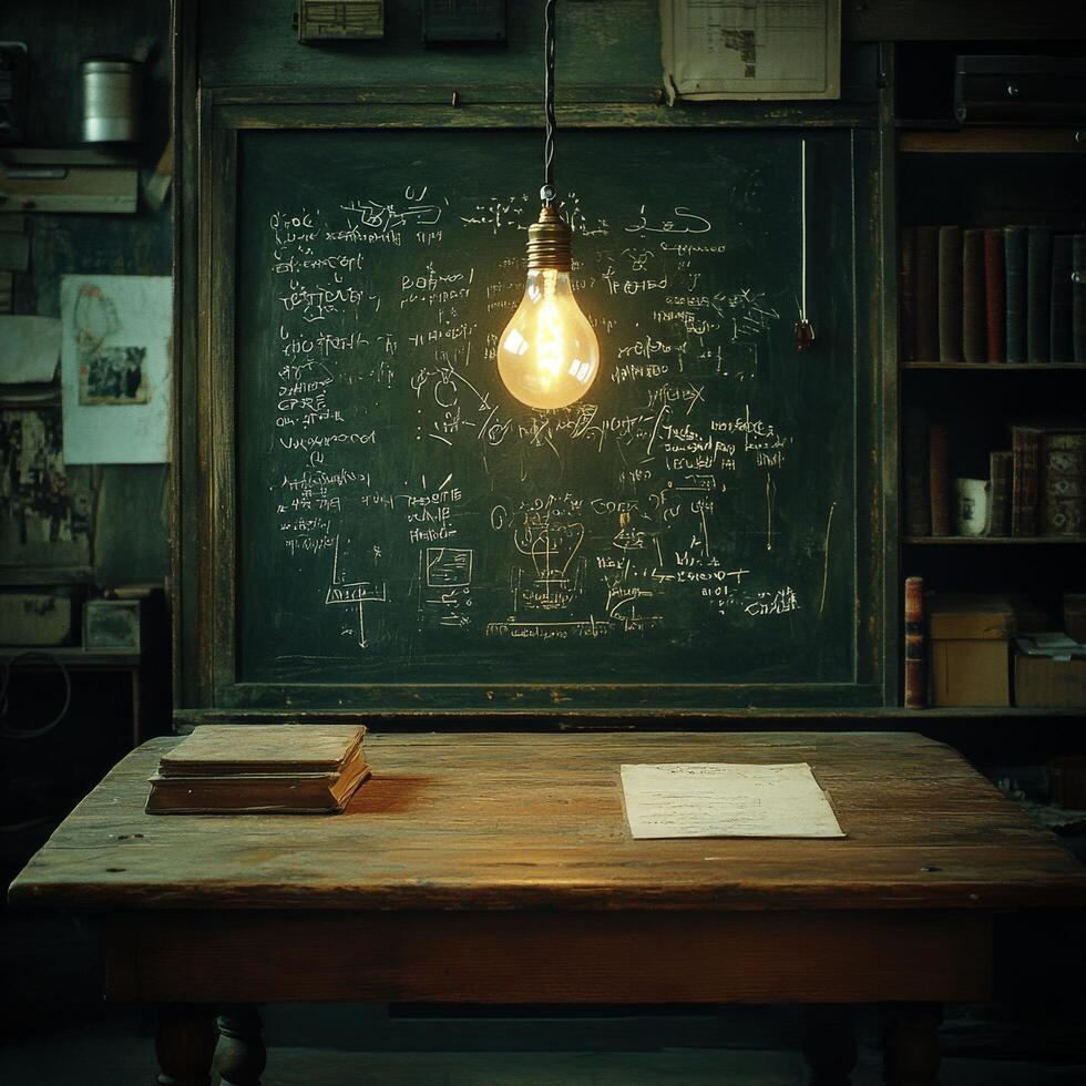 An old school desk with a light bulb on it photo