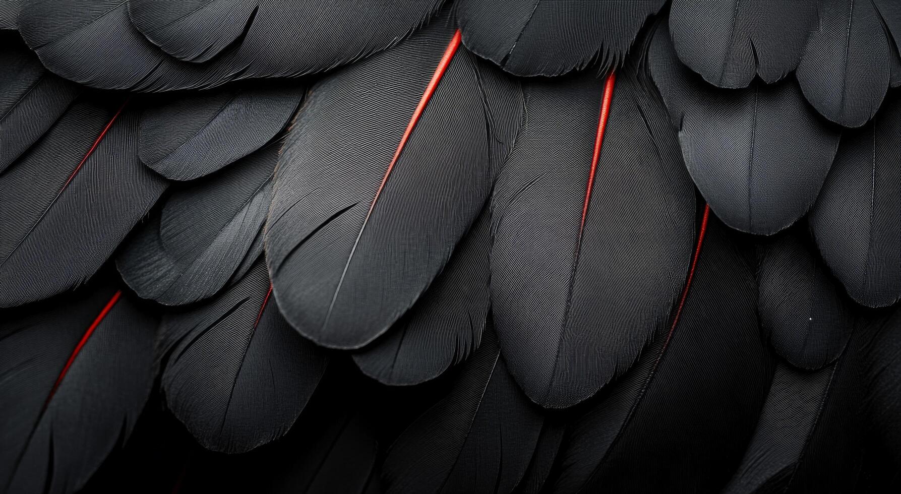 Dark and elegant black feathers with red accents arranged on a textured surface photo
