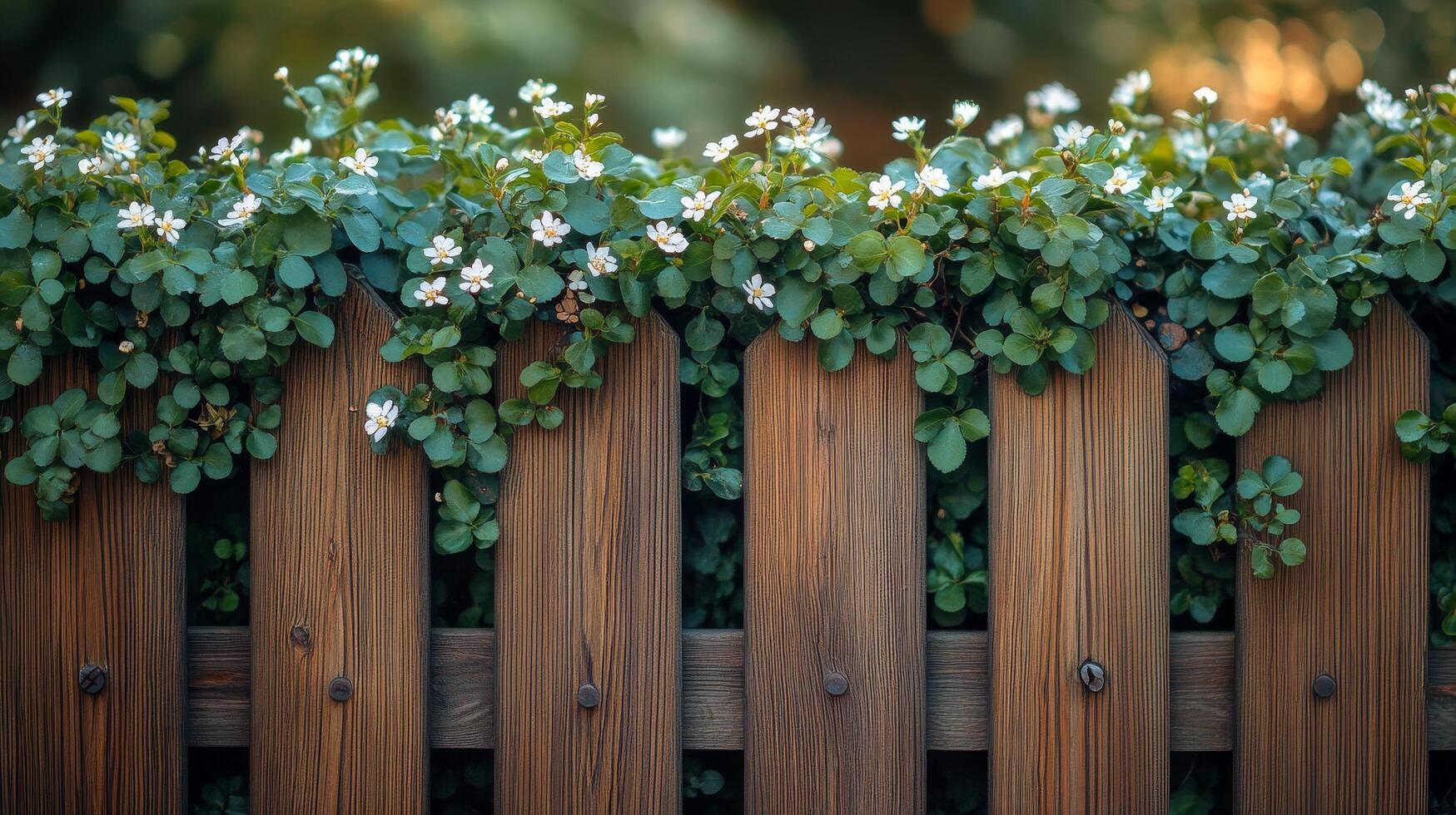A wooden fence with white flowers growing on it photo