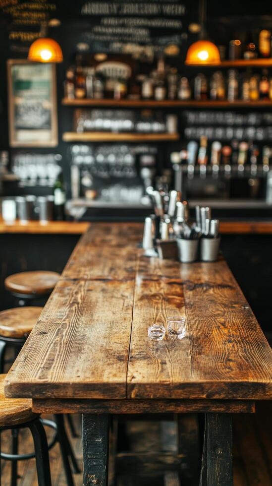 A bar with a wooden table and stools photo