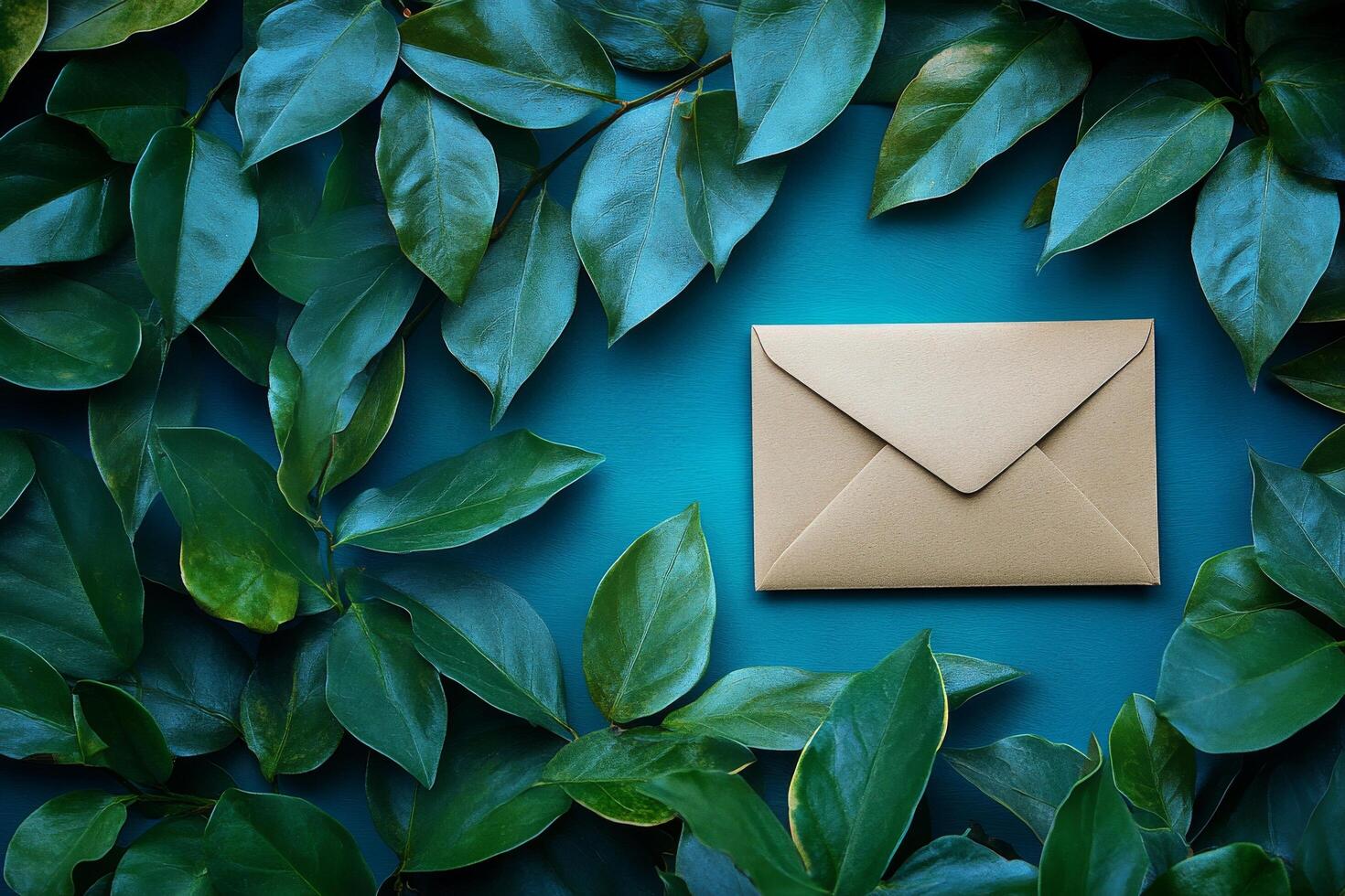 Envelope resting on vibrant green leaves with a textured background photo