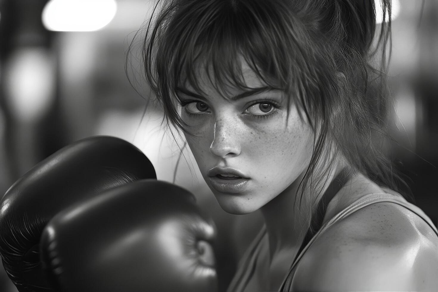 A black and white photo of a woman with boxing gloves
