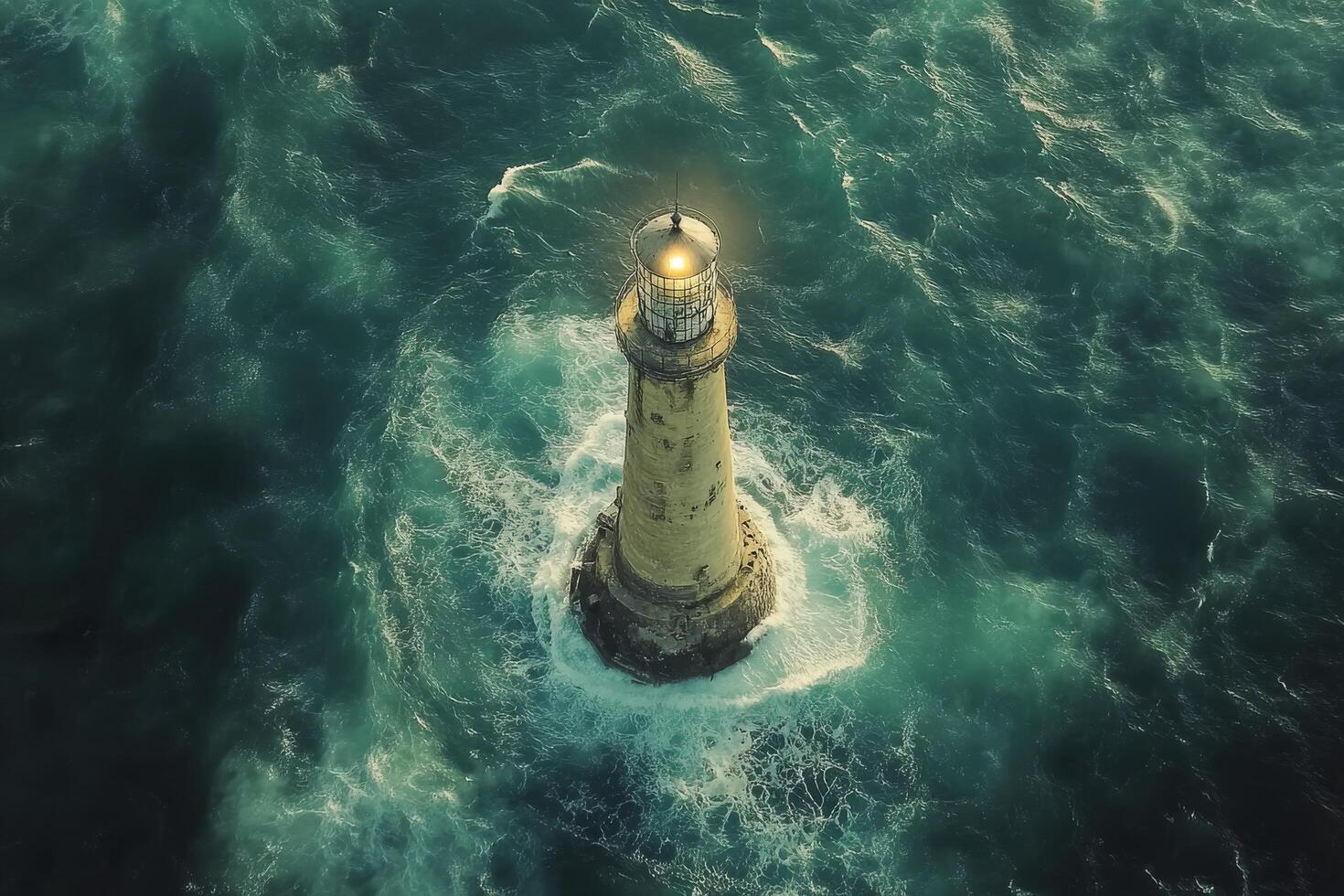 An aerial view of a lighthouse in the ocean photo