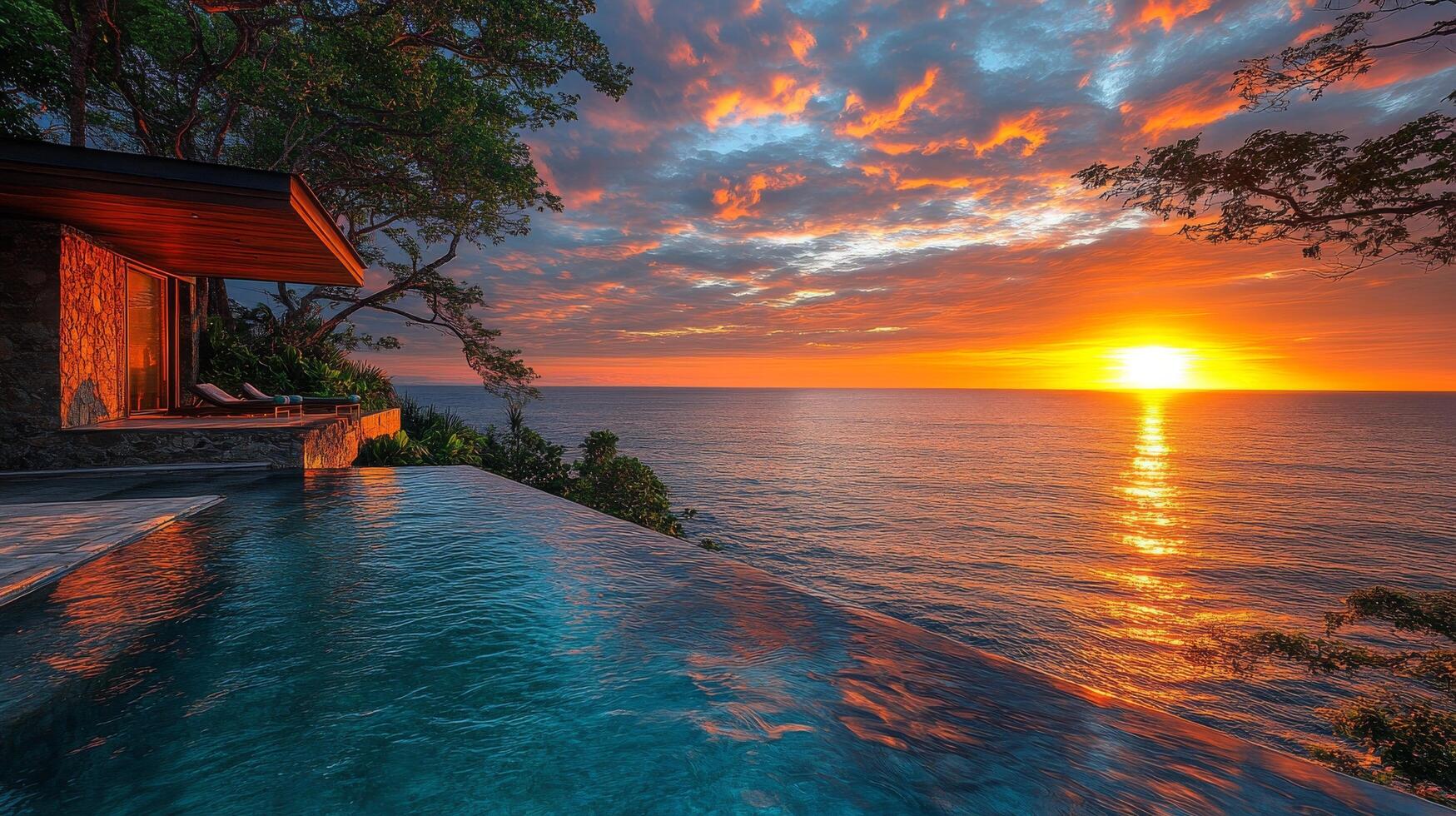 A pool overlooking the ocean at sunset photo