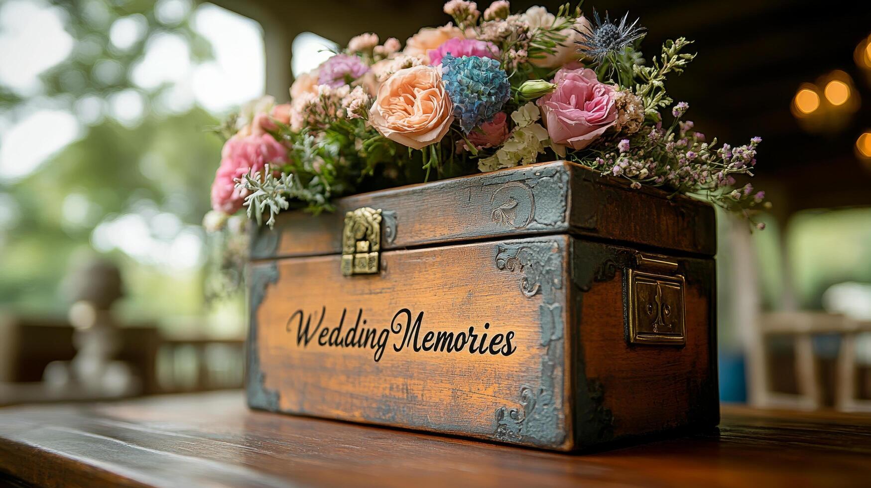 Elegant wooden box with flowers for storing wedding memories in a rustic setting photo