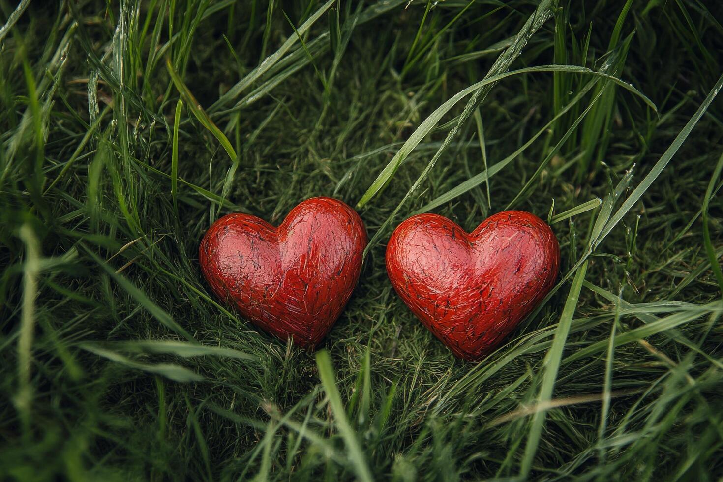 Two red hearts resting on lush green grass after a rain shower creating a romantic atmosphere photo