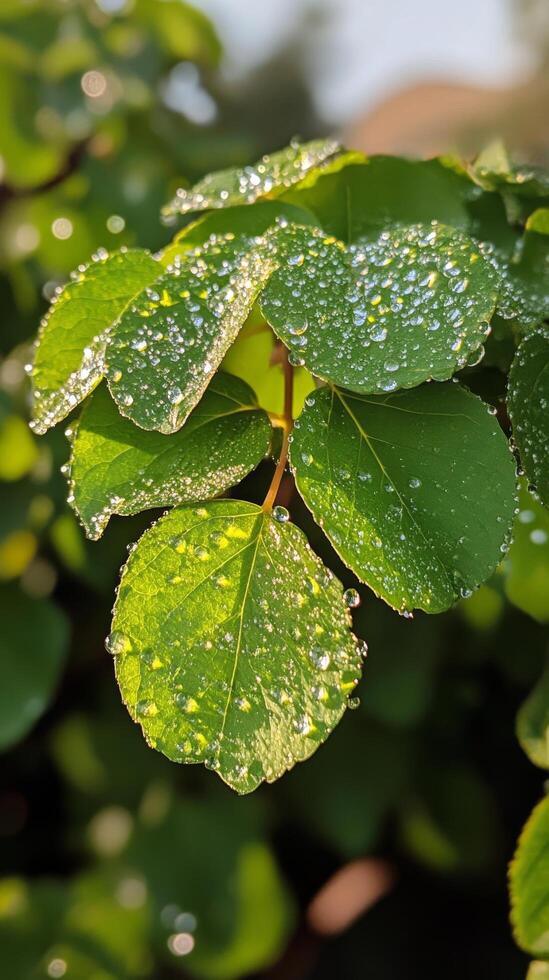 A close up of green leaves with water droplets photo