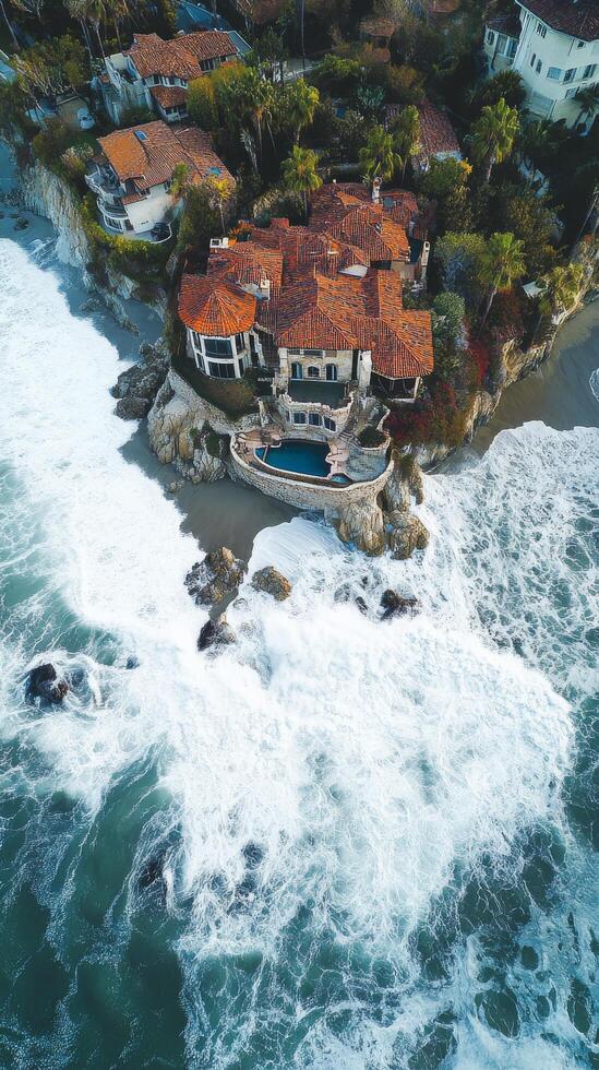 A house on the beach with waves crashing into it photo