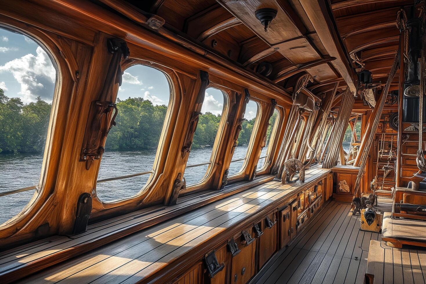 The interior of a boat with windows and wooden floors photo