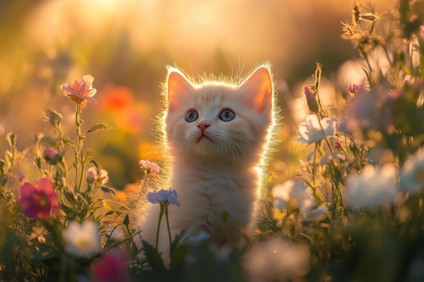 A kitten in a field of flowers looking up photo