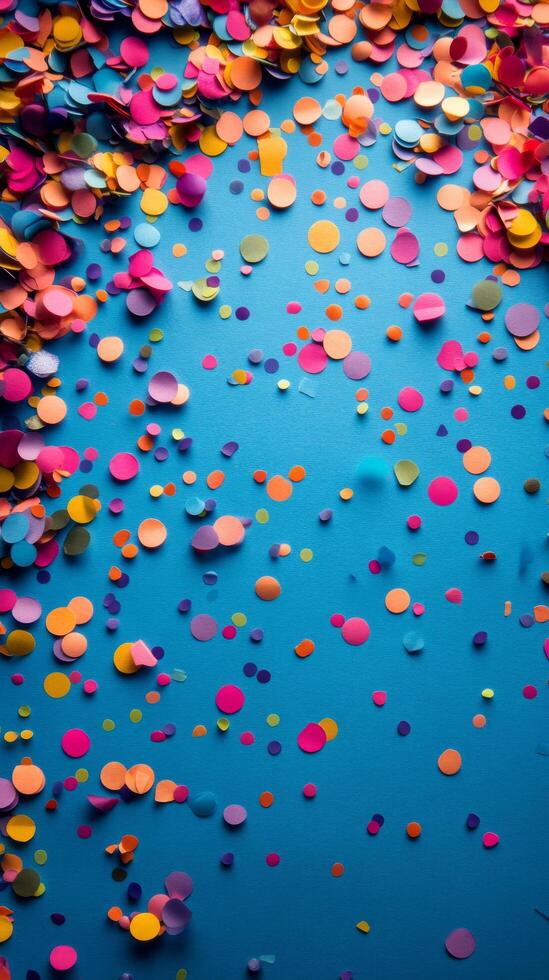 Colorful confetti falling on a blue surface photo