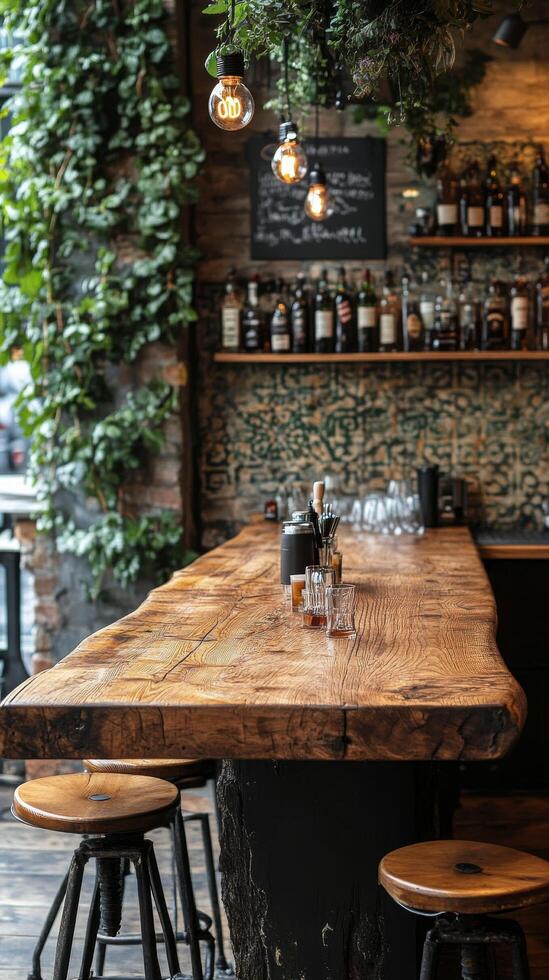 A bar with wooden tables and stools photo