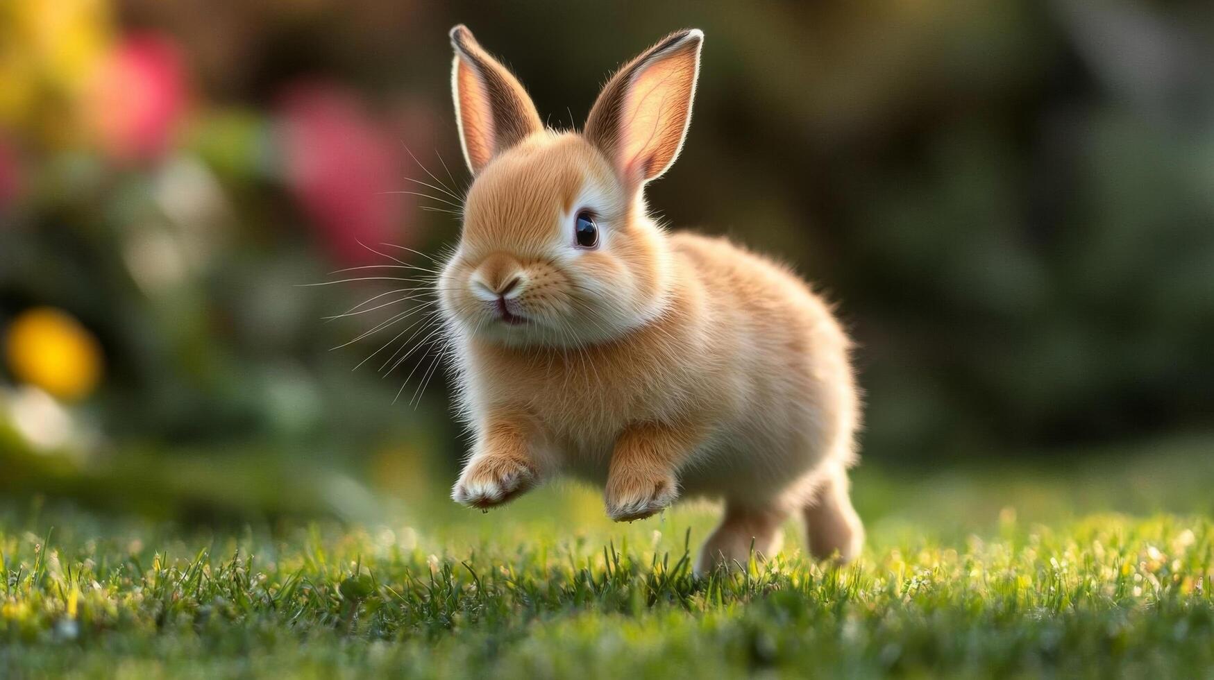A small rabbit running across a green field photo
