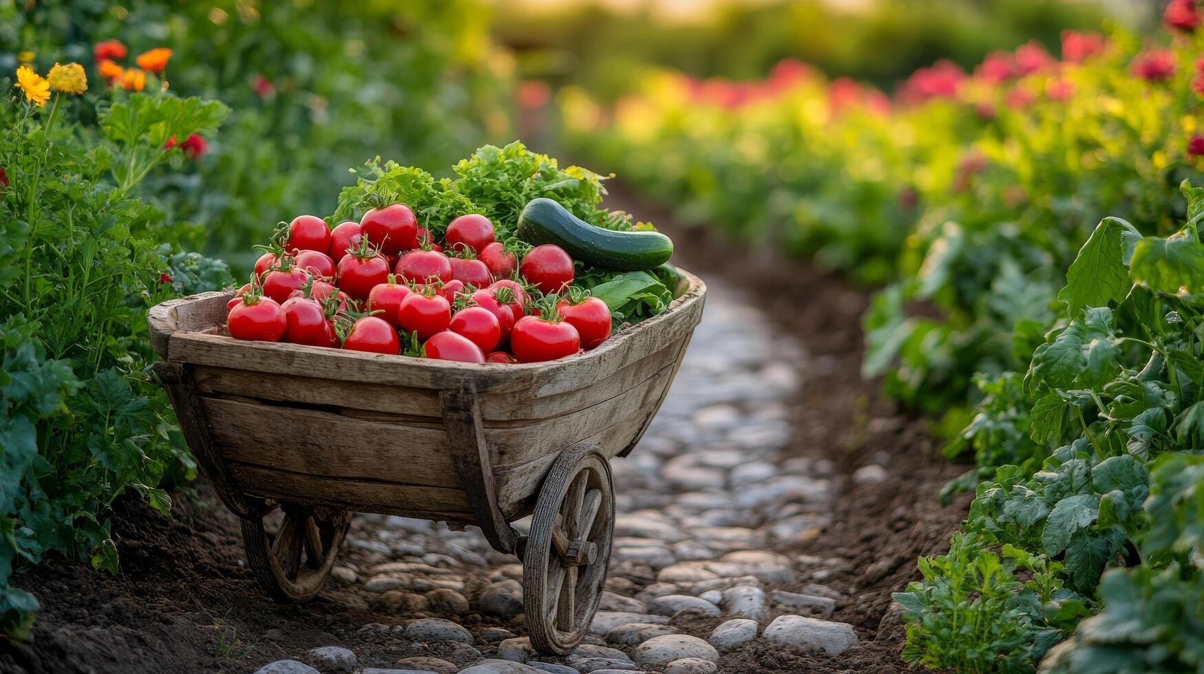 A wooden wheelbarrow full of fresh vegetables photo