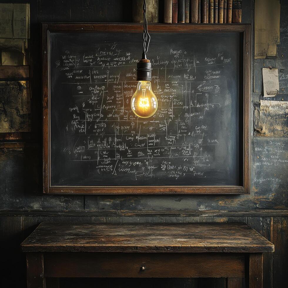 An old blackboard with a light bulb hanging from it photo