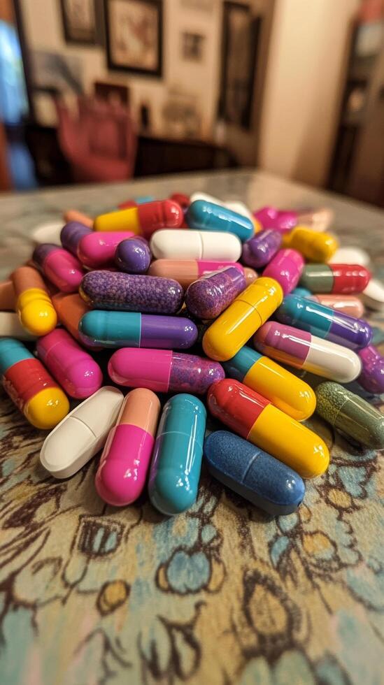 A pile of colorful pills on a table photo