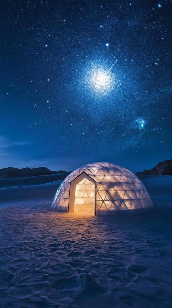 A dome tent in the desert with stars above it photo