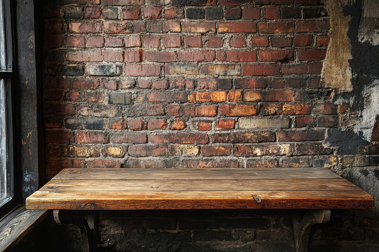A wooden table in front of a brick wall photo