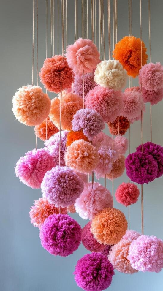 A large group of pink and orange pom poms hanging from strings photo