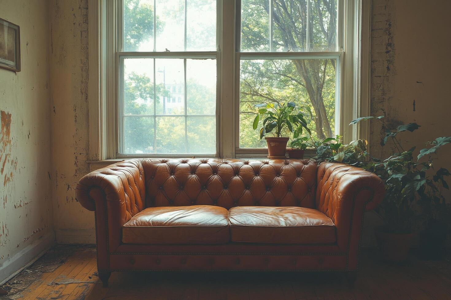 A brown leather couch in front of a window photo