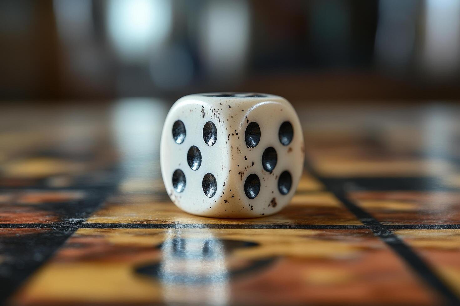 A dice sitting on a board with a blurry background photo