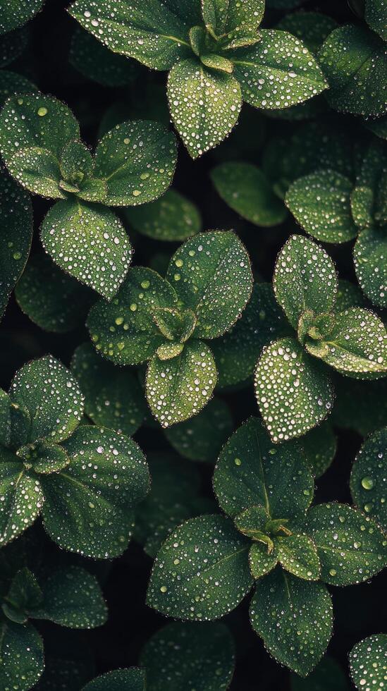 A close up of green leaves with water droplets photo
