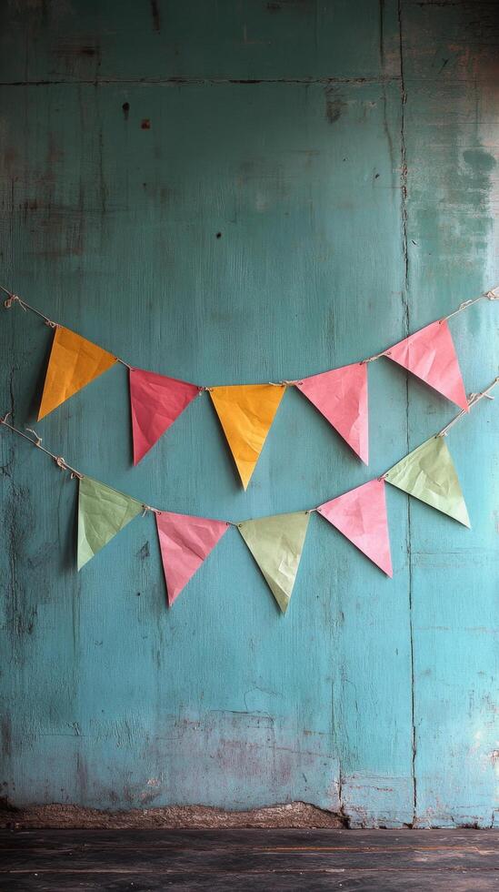 Colorful paper bunting on a wall photo