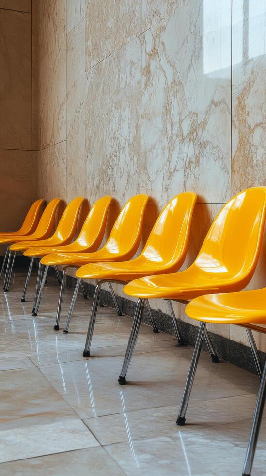 A row of chairs in a hallway photo