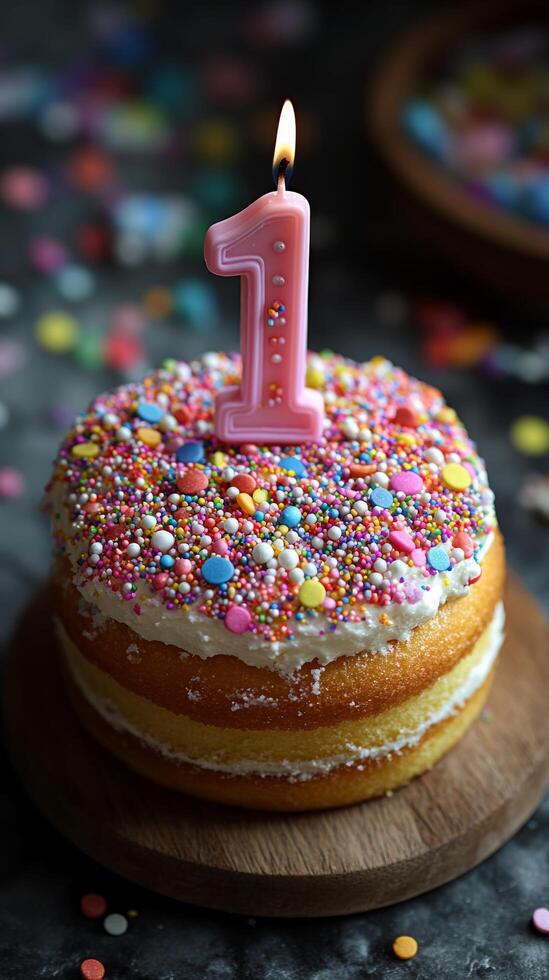 A birthday cake with a one candle on top photo