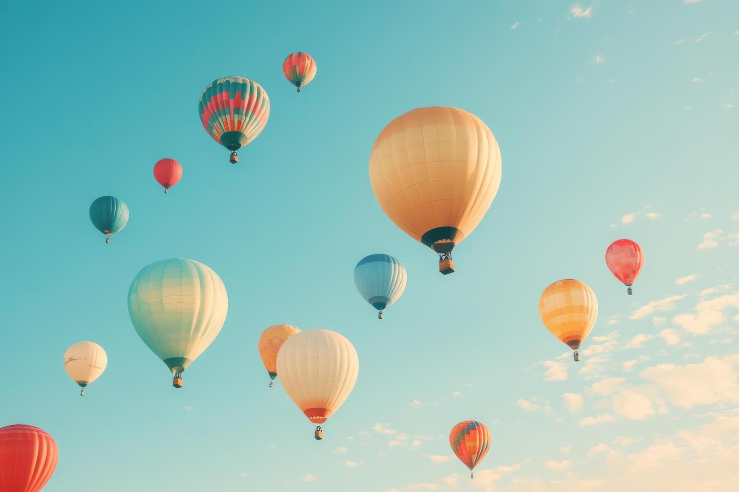 Many colorful hot air balloons are flying in the sky photo