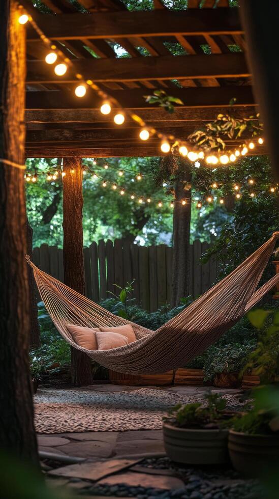 A hammock under a pergola with string lights photo