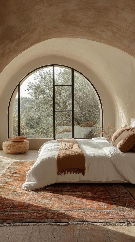 A bed in a room with a window and a rug photo