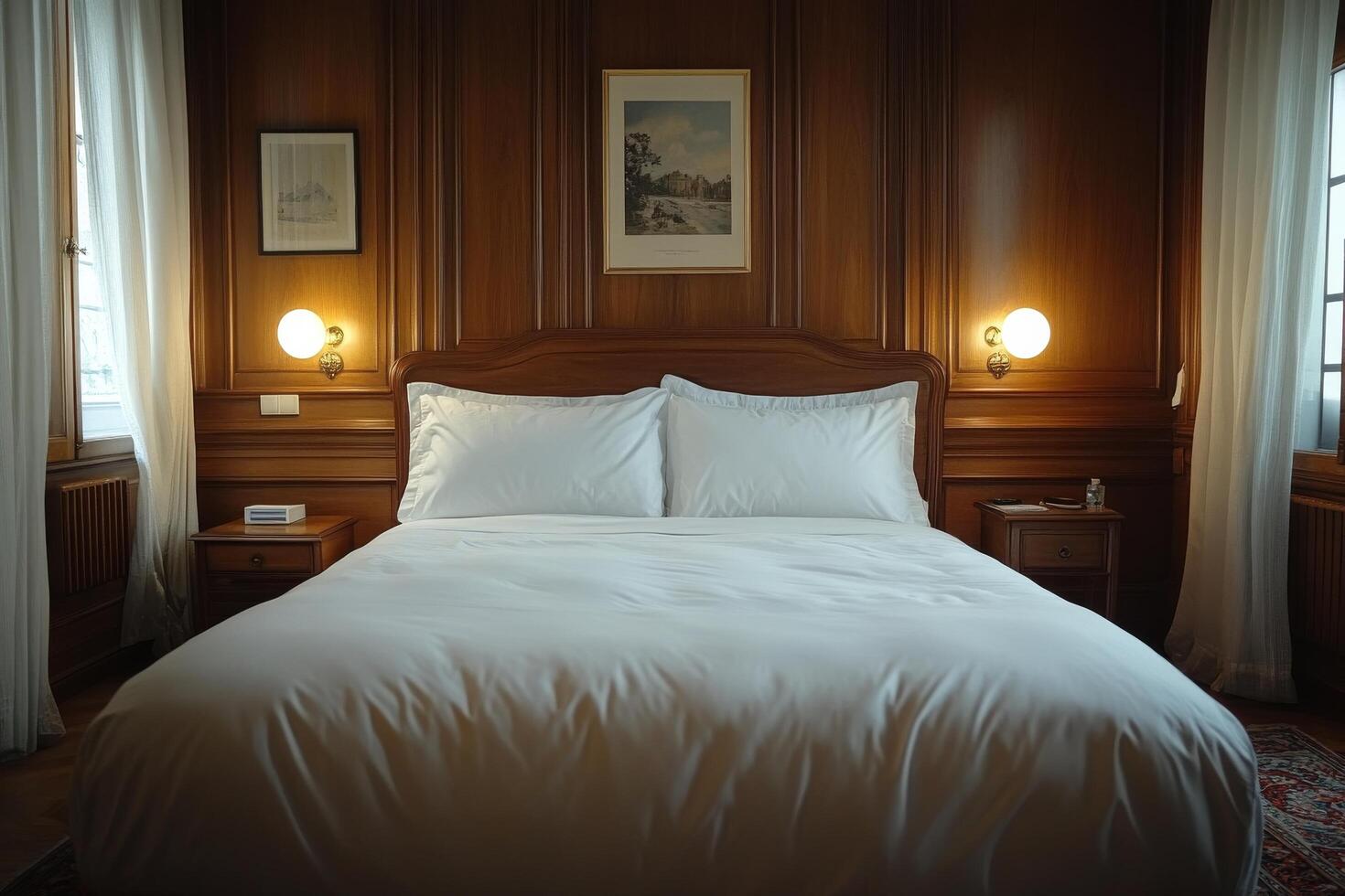 A bed with white sheets and pillows photo