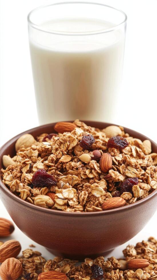 Granola with almonds and milk photo