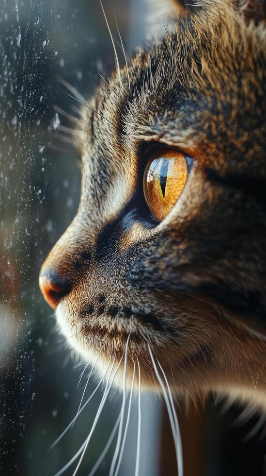 A cat looks out the window while looking at the rain photo