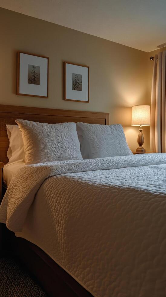 A bed with a white comforter photo