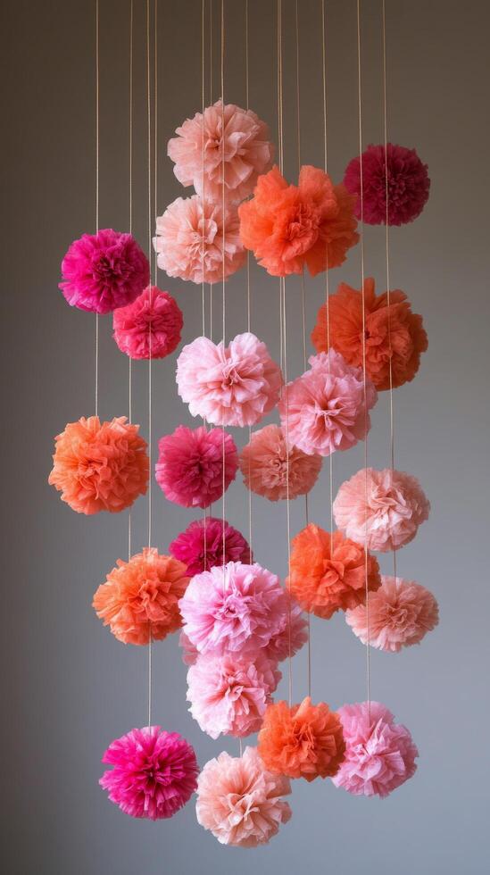 Pink and orange tissue paper flowers hanging from strings photo