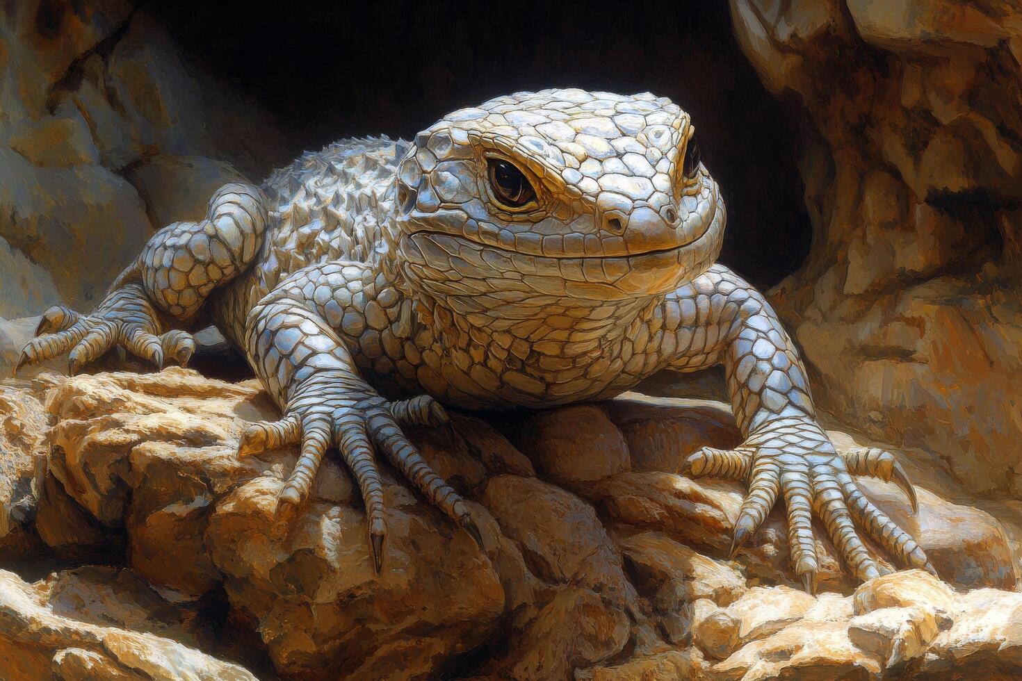 A lizard sitting on a rock in a cave photo