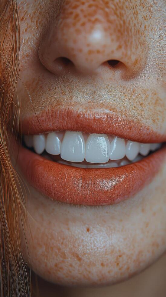 A close up of a woman's teeth with freckles photo