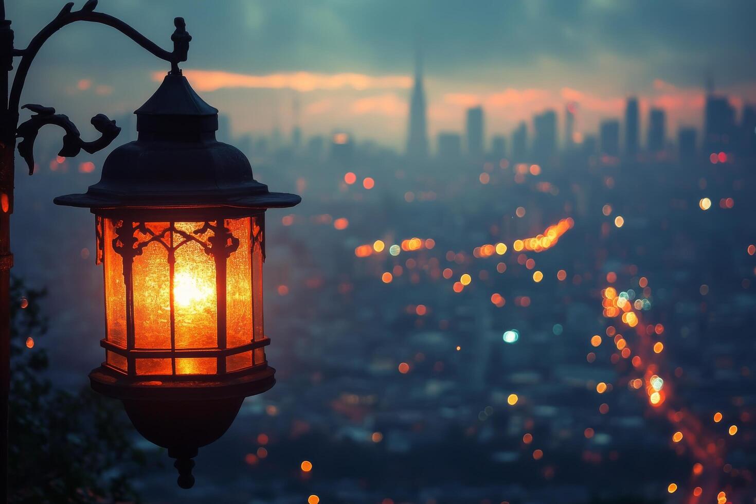 A lamp post with a cityscape in the background photo