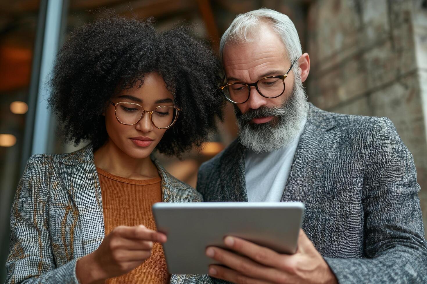Diverse professionals review data together in a modern office setting during the day photo