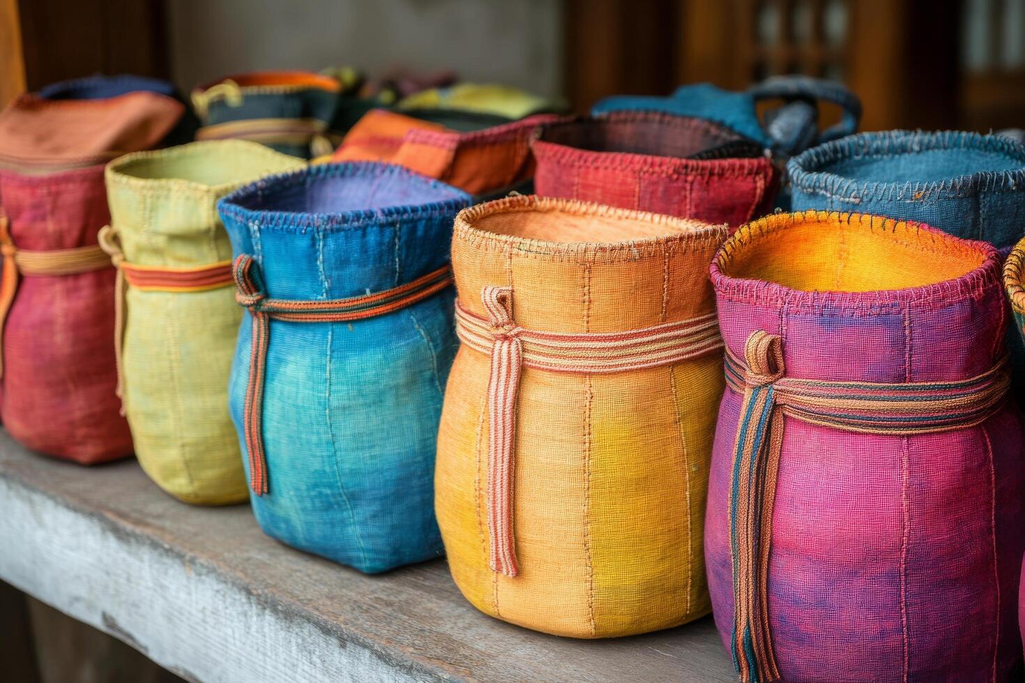 Colorful bags lined up on a shelf photo