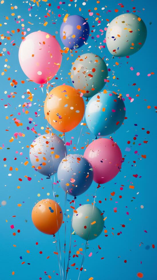Many balloons are floating in the air with confetti photo