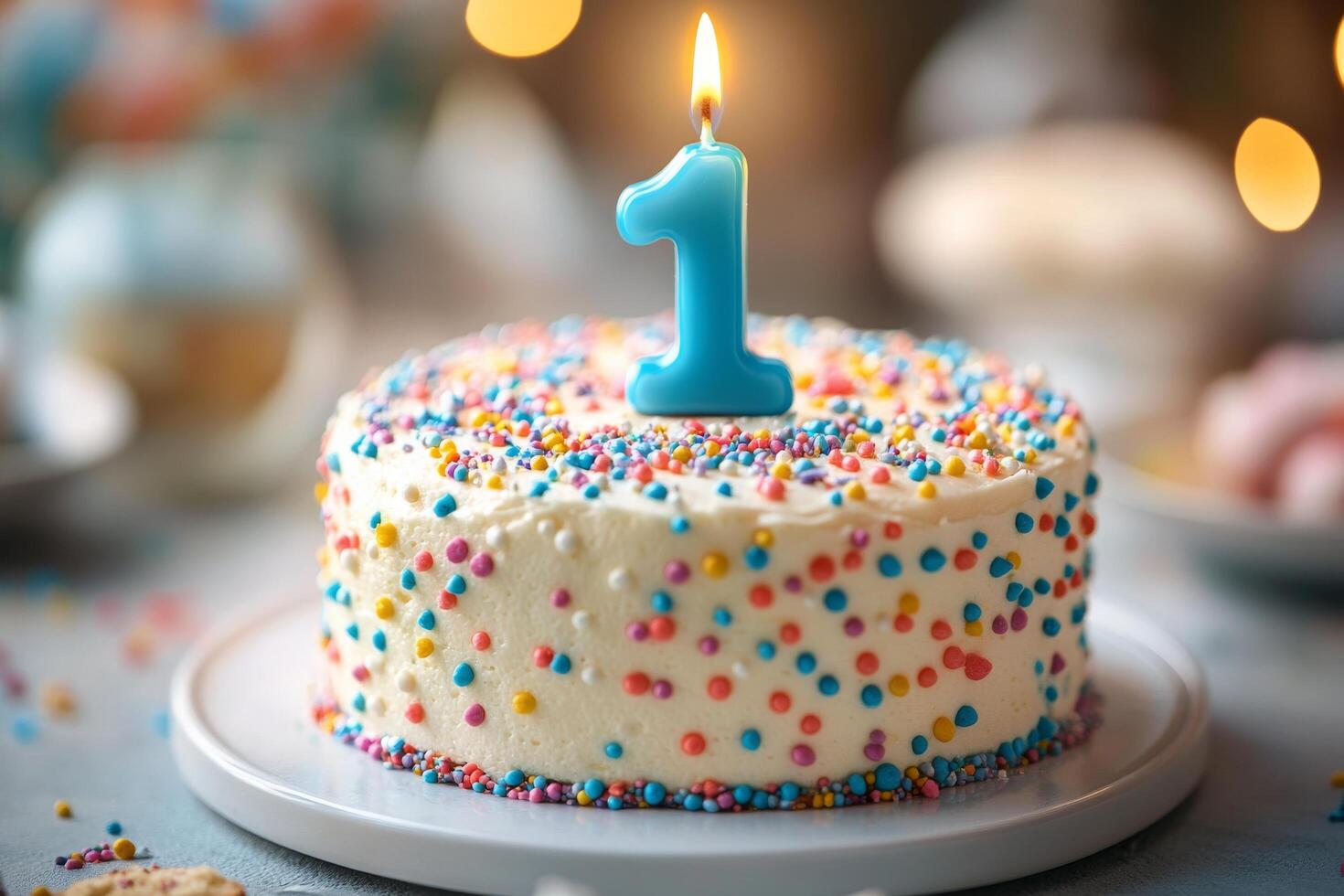 A birthday cake with a one candle on top photo